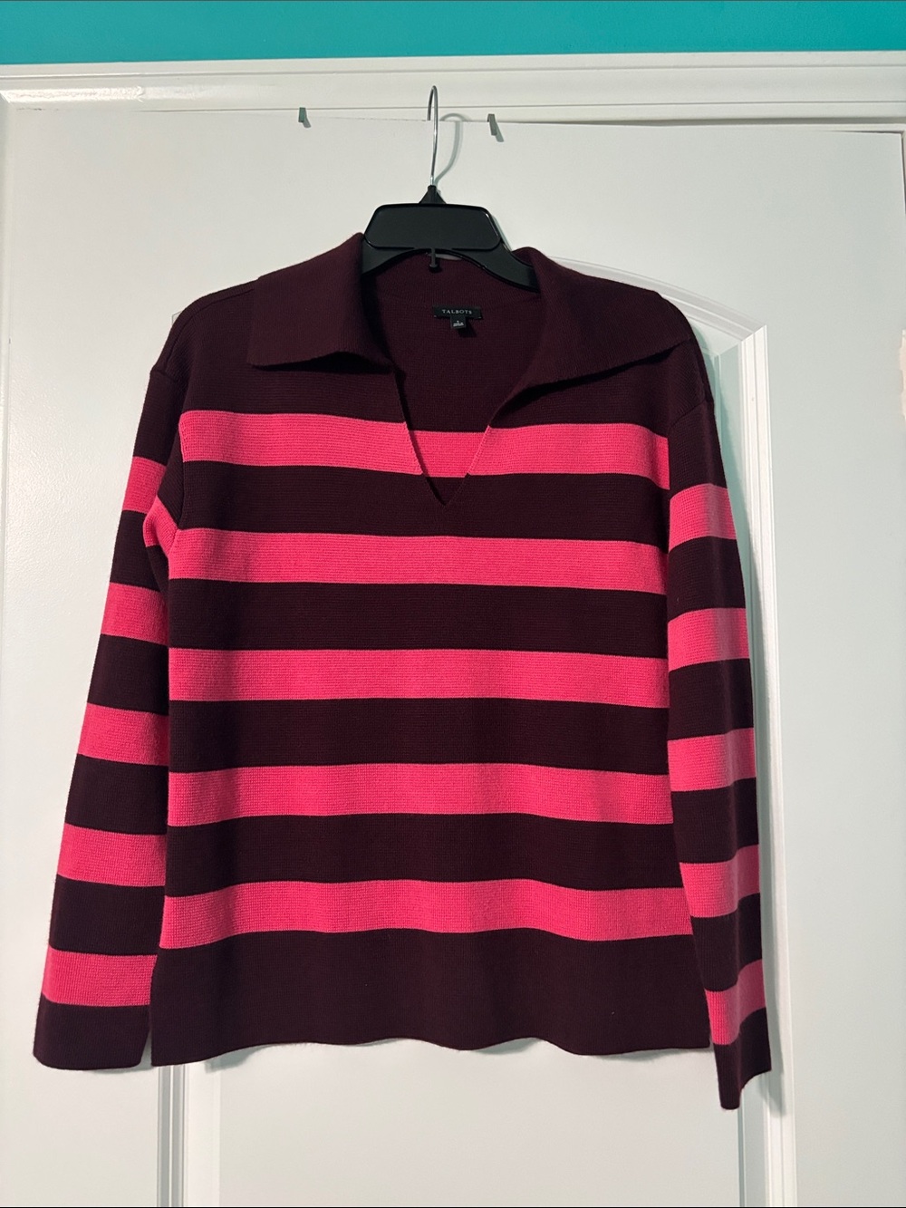 Talbots Burgundy and Hot Pink Striped V‑Neck Sweater